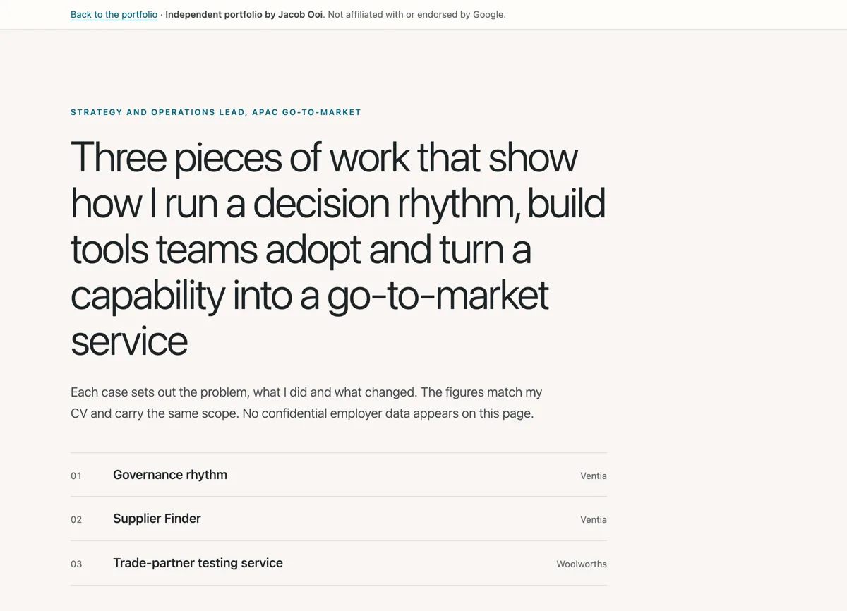 Opening of the strategy and operations case studies: three pieces of work on a decision rhythm, an internal tool and a go-to-market service.